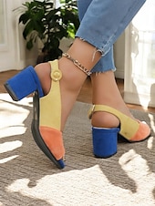 billiga Klädsandaler-damsandaler i tvåfärgad mocka med peep toe blockhäl – snygga och bekväma skor med öppen tå för kontor, fester och sommarutflykter