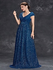 preiswerte BLAU-Kleid Brautmutterkleid Elegant Party V Ausschnitt Bodenlang Chiffon Polyester Kurzarm mit Paillette 2025