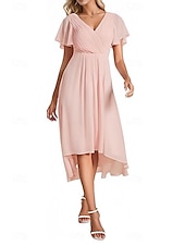 baratos Vestidos para Madrinhas-Linha A Vestido de Madrinha Decote V Manga Curta Elegante Assimétrico Chiffon com Franzido 2022