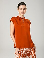 cheap Blouses &amp; Shirts-Orange stand-up collar sleeveless knotted top