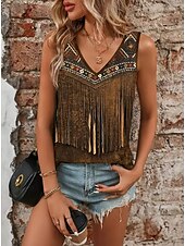 Χαμηλού Κόστους Boho αμάνικο μπλουζάκι-Γυναικείο Κολάν Λευκή Μποέμ Μπλούζα Δυτική Μπλούζα Γραφικά Μποέμ Βίντατζ Εθνοτικά Χωρίς μανίκια V Κόψιμο Κανονικά Τοπ Καθημερινά Διακοπών Εκτύπωση Χακί Καλοκαίρι