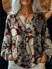 economico Top Boho da Donna-Blusa da donna con bottoni Grafica floreale di stile casual spiaggia a maniche corte scollo a V Top regolari quotidiani stampa Rosa Marrone chiaro Marrone Verde Estate Primavera