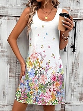 cheap Floral Dress-Women&#039;s Mini Dress A Line Dress Summer Dress Off The Shoulder Dress Vacation Daily Loose Fit Ombre Floral Graphic Sleeveless U Neck White Summer Spring