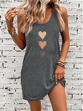 preiswerte Einfaches Kleid-Damen Mini Kleid Sommerkleid Urlaub Lässige Strand tägliche lockere Passform Herz Grafik ärmellos U-Ausschnitt Schwarz Sommer