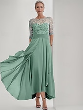 cheap Floor Length-Blue Green Embroidered A-Line Dress Mother of the Bride Dress Elegant Jewel Neck Floor Length Chiffon Half Sleeve Wrap Included with Lace Ruffles Tier