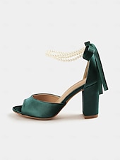 abordables Sandalias de Vestir-Sandalias de satén con punta abierta y tacón cuadrado para mujer con tira de perla en el tobillo: elegantes zapatos de cóctel.