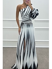 preiswerte Elegante Blumenkleider-Damen kleid lang Ballkleid abendkleider Cocktailkleid Modisch Party Tee-Party Ausgehen Regular Fit Farbblock Langarm Ein-Schulter Weiß Grün Rosenrot Sommer