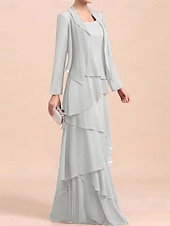 economico Con giacca-Abito A-Line 3 Pezzi per la madre della sposa Abito formale Elegante Vintage Semplice Girocollo Lunghezza fino al pavimento Chiffon Senza maniche Giacca con perline