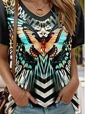 cheap Animals tee-Women&#039;s T Shirt Graphic Geometric Butterfly Stylish Casual Short Sleeve Round Neck Regular Tops Daily Weekend Print Black Summer Spring