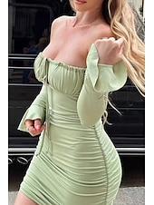 cheap White Graduation Dresses-Women&#039;s Mini Dress White Dress Graduation Dress Bodycon Elegant Fashion Birthday Graduation Date Regular Fit Plain Long Sleeve Off Shoulder Black White Light Green Wine Summer