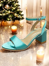 economico Prom-sandali con tacco a blocco in raso turchese con cinturino alla caviglia per donna - eleganti scarpe da sera e da matrimonio