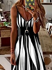 billiga Randiga och geometriska klänningar-Dam Maxiklänning A linjeklänning Sommarklänning Slipklänning Elegant Semester Ledigt Strand Normal Grafisk Geometrisk Rand Ärmlös V-hals Svartvit Sommar