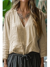 preiswerte Hemden-Damen Hemd Bluse Baumwoll-Leinen-Hemden Einfach Basic Modern Langarm V Ausschnitt Normale Oberteile Täglich Ferien Ausgehen Rosa Armeegrün Kamel Leicht Blau Sommer