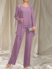 cheap Floor Length-Jumpsuit / Pantsuit 3 Piece Mother of the Bride Dress Wedding Guest Elegant Crew Neck Floor Length Chiffon Long Sleeve with Beading