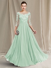 economico Lunghezza del pavimento-Linea ad A Lunghezza al pavimento Abito da invitata a nozze Abito Formale Abito da sera Abito da cerimonia per signora Manica 3/4 Collo gioiello Elegante Ricevimento di matrimonio Chiffon Pizzo con