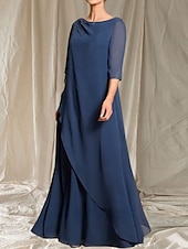 halpa Lattian pituus-A-linja Morsiamen äidin mekko Häiden vieras Elegantti Crew-kaula-aukko Lattianpituinen Chiffon 3/4-pituisella hihalla Helmiäistyksellä