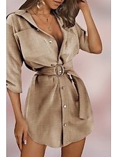 economico Abiti casual bianchi-Per donna Mini abito Abito chemisier Abito in cotone e lino Di tendenza Per eventi Appuntamento Fine settimana Standard Liscio Manica lunga Colletto Bianco Cachi Estate