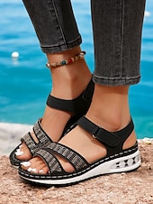 preiswerte Komfortsandalen-Damensandalen mit Luftpolster und Strasssteinen – bequeme Schuhe mit verstellbarem Klettverschluss und offener Spitze für Freizeit und Outdoor
