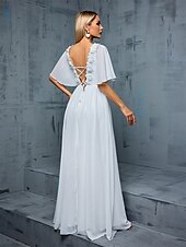 preiswerte Unter 129,99 $-Kleid Brautmutterkleid Elegant V-Ausschnitt Bodenkörper Polyester Halber Ärmel mit Einfarbig