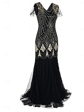 abordables Moins de 129,99 $-Robe Robe de Mère de Mariée  Élégant ancien Fête Col en V Longueur au sol Polyester Manche Courte avec Paillettes 2025