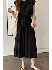 economico disegnare abiti in cotone e lino-Per donna Abito Midi Abiti in cotone e lino Moda Classico Moderno All&#039;aperto Quotidiano Ferie Vestibilità regolare Semplice Senza Maniche Girocollo Nero Verde chiaro Verde militare Blu marino Estate