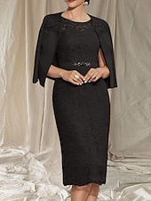 abordables Longueur du thé-Robe Deux Pièces Moulante  Colonne Mère de la Mariée Robe Invité de Mariage Élégante Col Ronde Longueur Thé Manches 3/4 avec Dentelle perles Robe Midi