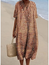 preiswerte Streifen- und geometrisches Kleid-Damen Midikleid Sommerkleid A Linie Kleid Urlaub Lässig Strand Ausgehen Lässiger Schnitt Grafik Geometrisch Kurzarm V Ausschnitt Weinrot Orange cremefarben Dunkelgray Sommer