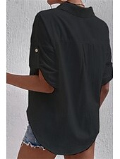 preiswerte Hemden-Damen Hemd Baumwoll-Leinen-Hemden Knopfleiste Bluse Einfach Basic Lässig Kurzarm Hemdkragen Normale Oberteile Ferien Ausgehen Knöpfe Tasche Schwarz Weiß Marineblau Khaki Grau Sommer