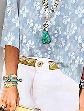 tanie Kwiatowe bluzki-Damskie Bluzka Nadruk Kwiaty Graficzny Elegancki Styl plażowy Krótki rękaw W serek Zwykłe topy Codzienny Jasnoniebieski Lato Wiosna