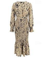 preiswerte abendkleider-Damen Midikleid Cocktailkleid Etui-Kleid Mode Urlaub Ferien Teegesellschaft Normale Passform Leopard Langarm V Ausschnitt Schwarz Khaki Aprikose Sommer