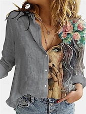 economico Camicie-Camicia da donna in cotone e lino grafica quotidiana alla moda casual maniche lunghe colletto bottoni quotidiani bianca blu grigia estate primavera