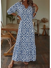 tanie Sukienki boho-Damskie Długa sukienka sukienka maxi Sukienka Boho Sukienka z nadrukiem Sukienki Peplum Romantyczna Nowoczesny Bufka Codzienny Święto Plaża Luźna Graficzny Kwiat Rękaw 1/2 W serek Rumiany r