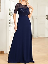 abordables Moins de 129,99 $-Robe pour mère de la mariée élégante robe de soirée décolleté rond longueur sol en chiffon spandex à manches courtes avec sequins