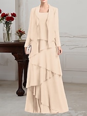economico Con giacca-Abito A-Line 3 Pezzi per la madre della sposa Abito formale Elegante Vintage Semplice Girocollo Lunghezza fino al pavimento Chiffon Senza maniche Giacca con perline