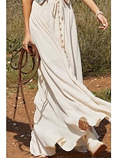 abordables Robes-Jupes femme inspirées du lin, mode, maxi, taille mi-haute, uni, ourlet asymétrique, extrémités fourchues, micro-élastique, vacances, rue, noir, blanc, été, coton