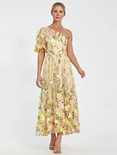 preiswerte Bodenlänge-Blumengesticktes A-Linie Kleid Mutter der Braut Kleid Elegant Vintage Ein-Schulter Knöchellang Tüll Kurzarm mit Blume Hochzeitsgastkleid