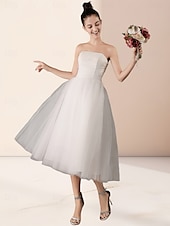 economico Abiti bianchi-Piccoli Abiti Bianchi per Fidanzamento Abiti da Sposa A-Line Scollo a Cuore Senza Spalline Lunghezza Te Satinati Abiti da Sposa con Pieghe Colore Solido
