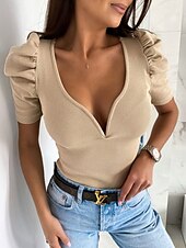 abordables Hauts de Travail pour Femmes-Femmes Grande taille Hauts d&#039;été Chaud Sexy Manche Courte Col en V Hauts Réguliers Sortir Week-end Noir Blanche Jaune Rose Claire Vert Été