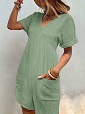 abordables grenouillère-Rompers pour femmes couleur unie manches courtes col en V poches vacances quotidien coupe régulière noir vert abricot été