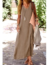 preiswerte Kleider-Damen Midikleid Leinen-inspirierte Kleider Freizeitkleid Baumwoll-Leinenkleid Sommerkleid Mode Basic Urlaub Täglich Ausgehen Normale Passform Einfach Ärmellos V Ausschnitt Leicht Braun Khaki Leicht