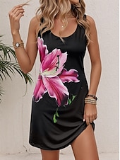 billiga Blommiga klänningar-Dam Mini klänning A linjeklänning Sommarklänning Off Shoulder Klänning Semester Ledigt Dagligen Lös passning Blommig Grafisk Ärmlös U-hals Rodnande Rosa Sommar