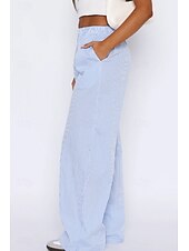 preiswerte weites Bein und hohe Taille-Damen Weites Bein Stoffhosen Mode Streetwear Volle Länge Natürliche Taille Gestreift Tasche Elastischer Bund Bequem Straße Ausgehen Rosa Blau Sommer Normale Passform