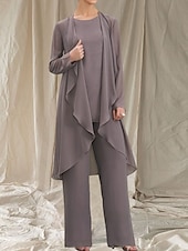 baratos Comprimento do chão-Macacão  Conjunto de Calça 3 Peças Mãe da Noiva Vestido de Convidada de Casamento Elegante Gola Redonda Comprimento Total Chiffon Manga Longa com Babados