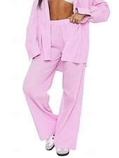 preiswerte weites Bein und hohe Taille-Damen Weites Bein Stoffhosen Mode Streetwear Volle Länge Natürliche Taille Gestreift Tasche Elastischer Bund Bequem Straße Ausgehen Rosa Blau Sommer Normale Passform