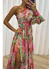 cheap Elegant Floral Dresses-Women&#039;s Long Dress Maxi Dress Prom Dress Party Dress Print Dress Elegant Fashion Party Special Occasion Regular Fit Flower Long Sleeve One Shoulder Yellow Purple Green Summer