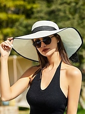 billiga Kvinnors hattar-elegant solhatt med bred brätte för kvinnor – sommarhatt i stråhatt med svart rosett, UV-skydd, hopfällbar floppy hatt för semester, trädgårdsfester och utomhusresor