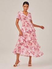 abordables Robes décontractées-Robe longue décontractée pour femme, tenue de soirée, col en V, manches courtes, coupe trapèze, imprimé floral, volants superposés, tenue de tous les jours, jupe gâteau, taille ajustée, robe longue