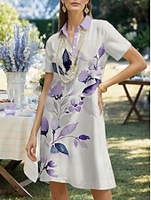 economico Abito Floreale-Per donna Abito Midi Abito a trapezio Vacanza Casual Quotidiano Data Vestibilità regolare Floreale Grafico Foglia Manica Corta Colletto a Camicia Argento Estate Primavera