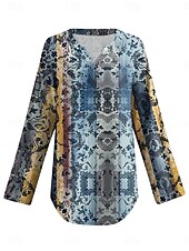 levne Dámské boho topy-Dámské Halenka Květinový Grafika Vinobraní Denní Dlouhý rukáv Do V Běžné topy Denní Dovolená Oblečení na dovolenou Tisk Vodní modrá Léto Jaro
