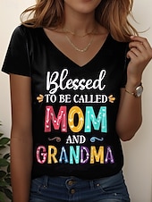 abordables Fête des mères-fête des Mères Femmes T-shirt Graphique Lettre Occasionnel Manche Courte Col en V Hauts Réguliers Quotidien Week-end Imprimé Noir Jaune Rose Claire Bleu Violet Été Printemps MOM
